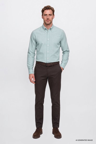 AC&Co / Altınyıldız Classics Erkek Açık Yeşil Pamuklu Yumuşak Dokulu Flanel Slim Fit Dar Kesim Düğmeli Yaka Gömlek