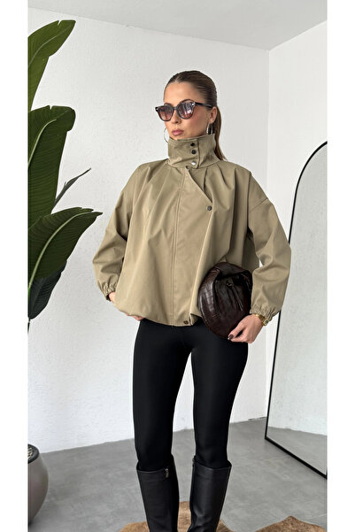 asfamoda Women's Khaki Stand Collar Bomber Coat Oversize Loose Fit Zippered Buttoned Seasonal Coat