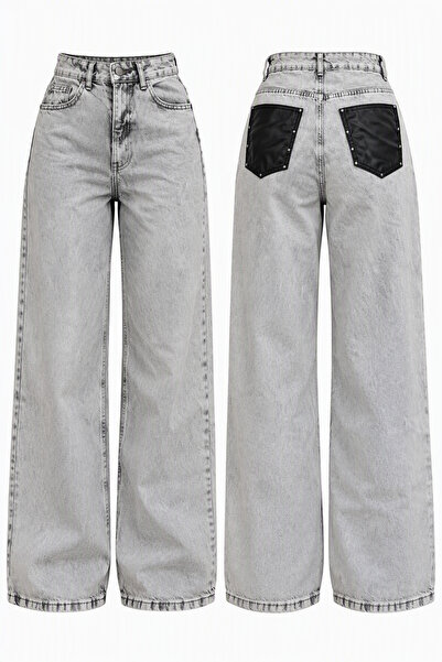Generic Brand Blugi Wide Leg Damă Mărimea 36 Gri Deschis Talie Înaltă Denim O...