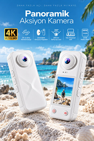 ROBEVE 4K Ultra HD Panoramik Aksiyon Kamera 200° Ultra Geniş Açı Çift Lens Ön Arka Kamera Geçişli 32GB Hafıza Kartlı Vlog Spor Seyahat Kamerası Selfie Çubuğu Setli Aksiyon Kamerası ve Selfie Çubuğu