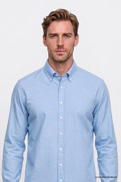 AC&Co / Altınyıldız Classics Erkek Açık Mavi Pamuklu Yumuşak Dokulu Flanel Slim Fit Dar Kesim Düğmeli Yaka Gömlek