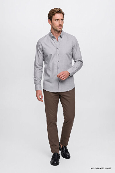 AC&Co / Altınyıldız Classics Erkek Açık Gri Pamuklu Yumuşak Dokulu Flanel Slim Fit Dar Kesim Düğmeli Yaka Gömlek