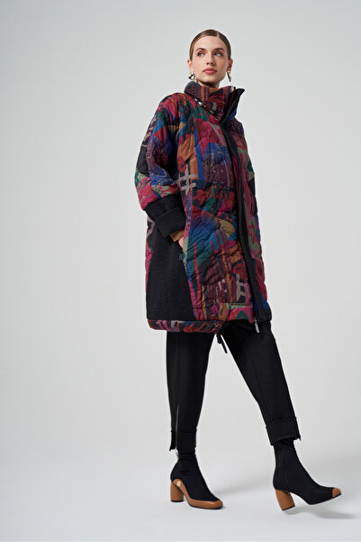 MissWhence Plus Size Multicolor Patchwork Quilted Puffer Coat with High Collar