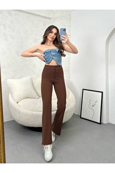 VELLMORA High Waist Gathering Effect Spanish Flared Crepe Trousers
