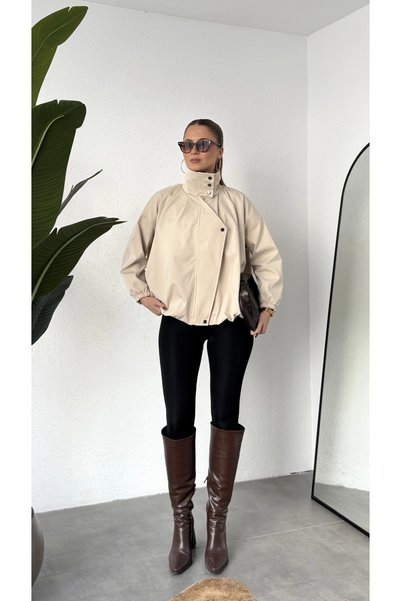 asfamoda Women's Cream Stand Collar Bomber Coat Oversize Loose Fit Zippered Buttoned Seasonal Coat