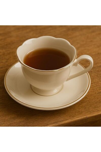 B&D Ceramic Cup and Saucer Set, 6 Cups with Gold Trim, 200ml, Traditional Ara...