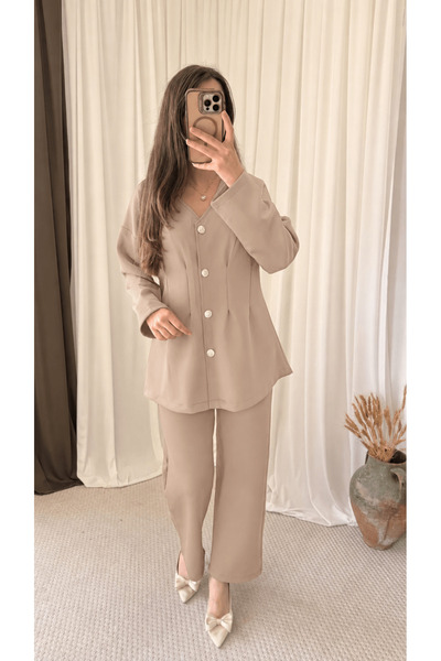 Hepsi Moda Buttoned Pleated Scuba Trousers Suit - Tbl - 22007 - Beige