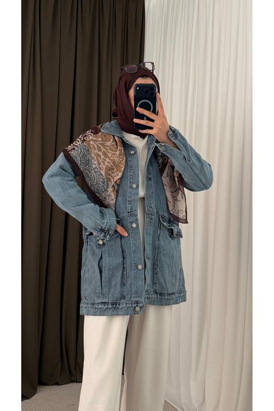 Hepsi Moda Long Denim Jacket with Pockets - 1284 - Blue