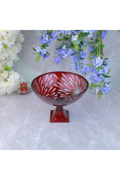 Generic صينية تقديم دائرية من زجاج بقاعدة بتصميم فاخر ــ أحمر ــ 29×29×22سم