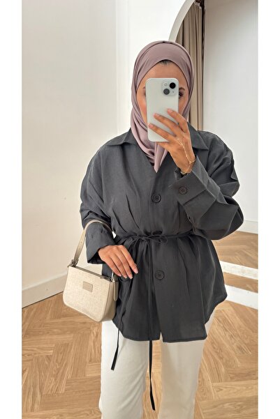 QUWİQ Women's Front-Seamed and Buttoned Waist-Tied Modest Modal Shirt - Anthr...