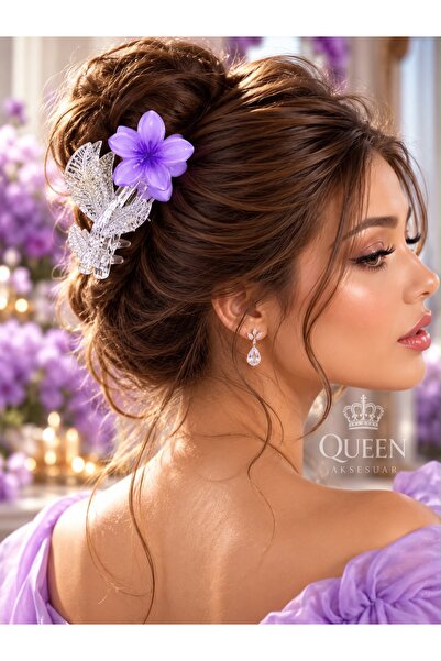 QUEEN AKSESUAR Luxurious Crystal Glass-Like Transparent Leafy Lilac Purple Pl...