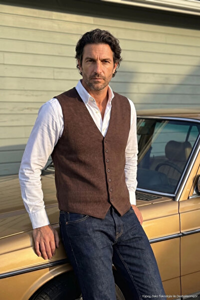 Çizgi Triko Men's Knitwear Brown Vest Fine Textured Buttoned V-Neck Steel Kni...