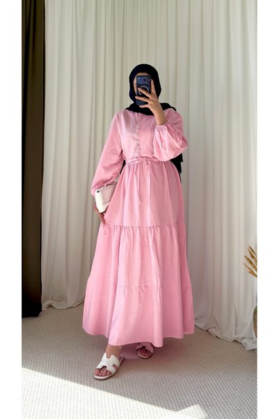 Hepsi Moda فستان هاكيم بياقة وأزرار وطبقات متعددة - 2378 - وردي