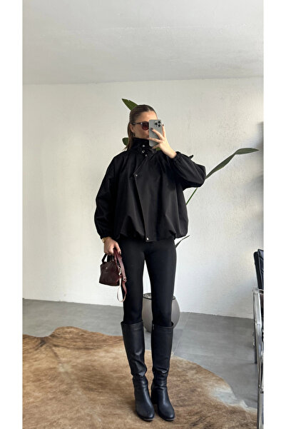 asfamoda Γυναικείο μαύρο παλτό bomber με ψηλό γιακά, oversized, με φερμουάρ κ...