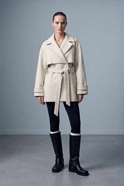 Soul Short Cashmere Coat with Sleeve Cuff Detail Bej 32542