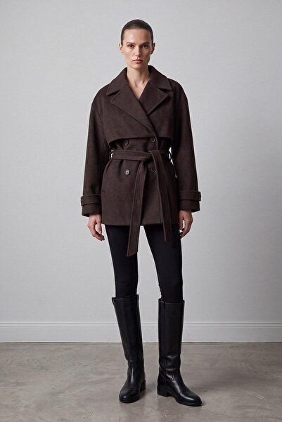 Soul Short Cashmere Coat with Sleeve Cuff Detail Brown 32542