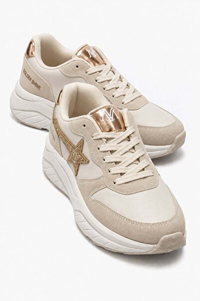 CCWAY AYAKKABI Star Stone Laced Leather Sports Shoes; Beige