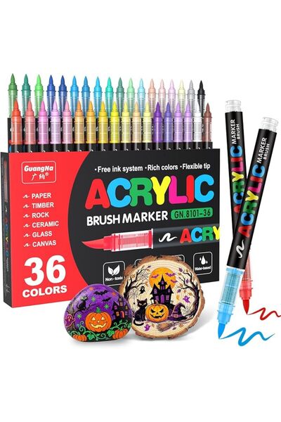 Guangna Acrylic Paint Markers Brush Tip, 36 Vivid Colors with Direct-Liquid I...