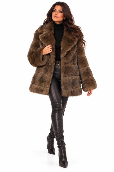 FUREVER FASHION KADIN KAHVERENGİ CYBLE GÖRÜNÜMLÜ ÇİZGİLİ SUNİ KÜRK KABAN