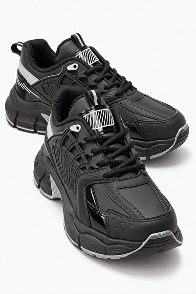 CCWAY AYAKKABI Side-Panel Tied Leather Women's Sneakers Black Silver