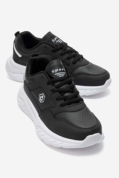 CCWAY AYAKKABI Women's Studded Lace-Up Leather Sneakers Black White