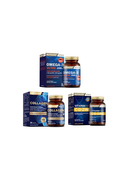Nutraxin Omega 3 Ultra 2500 Mg 30 Capsules + Hydrolyzed Collagen 30 Tablets + Vitamin Max C D Zinc 60 Tablets