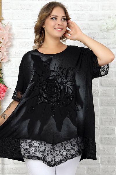 Kheos Blouse with Lace Skirt and Cuffs, Flock Printed Rose Motif