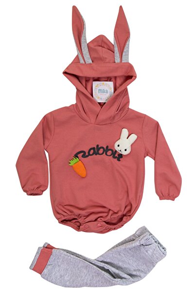 Mika Bebek & Çocuk Rabbit Carrot Figured 2 Thread Hooded Snap Body Dried Rose...