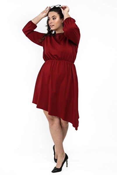 fasardi Kadın Bordo Bisiklet Yaka Büyük Beden Asimetrik Elbise