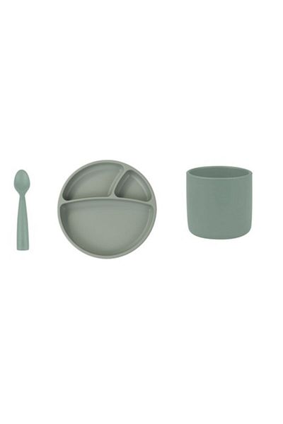 OiOi Set of 3 Nam Nam Spoon River Green, Portion Plate River Green, Silicone Cup