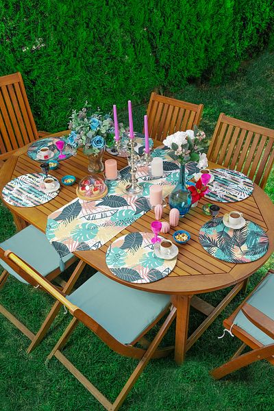 Realhomes Turcoaz Tropical Leaf Motif Supla Runner Set de 6+1