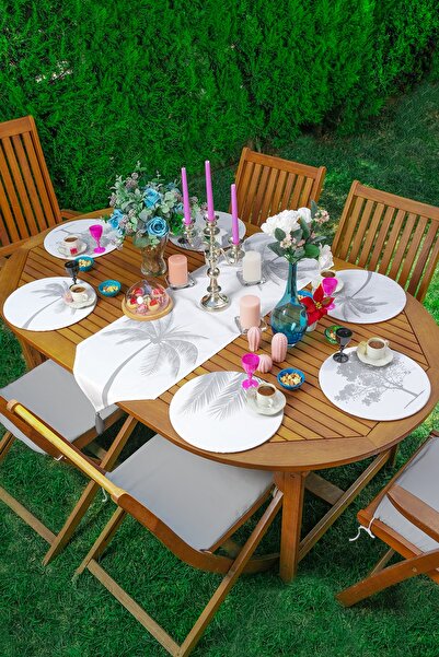 Realhomes 6+1'li Beyaz Zeminde Gri Palmiye Ağaç Tasarımlı Supla Runner Seti