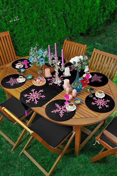 Realhomes 6+1'li Siyah Zemin Pembe Kar Taneleri Özel Tasarım Supla Runner Seti