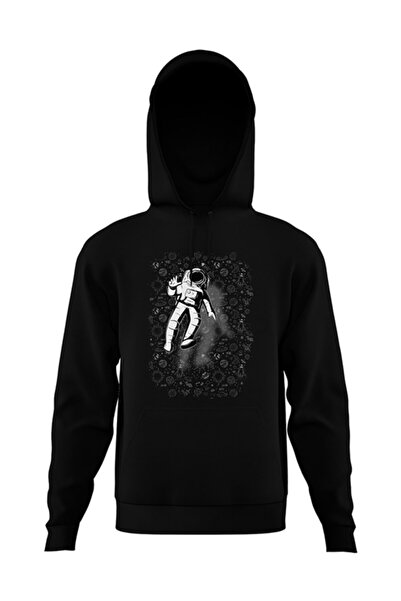 Astronot Baskılı Kapşonlu Cepli Uzunkollu Siyah Sweatshirt
