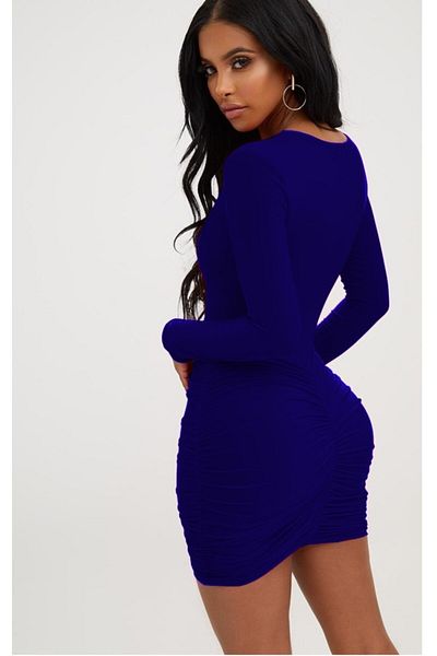 vuvutasarım Rochie mini albastră - țesătură elastică, decupaj la piept, cu detaliu strâns, mânecă lungă Tkn-394