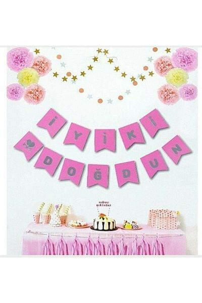 BEST PARTİ DOĞUM GÜNÜ PARTİ SÜSLERİ Happy Birthday Written Pennant Cardboard Flag Set - Pink Background, Silver Color Written