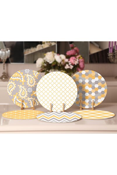 Realhomes 6'lı Sarı & Gri Geometrik Özel Tasarımlı Servis Altlığı & Supla