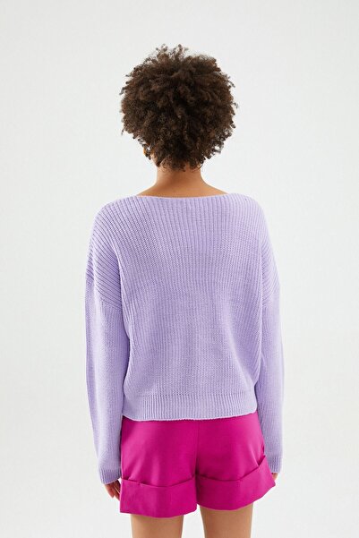 Genel Markalar Kadın V Yaka Crop Düğmeli Hırka Mor