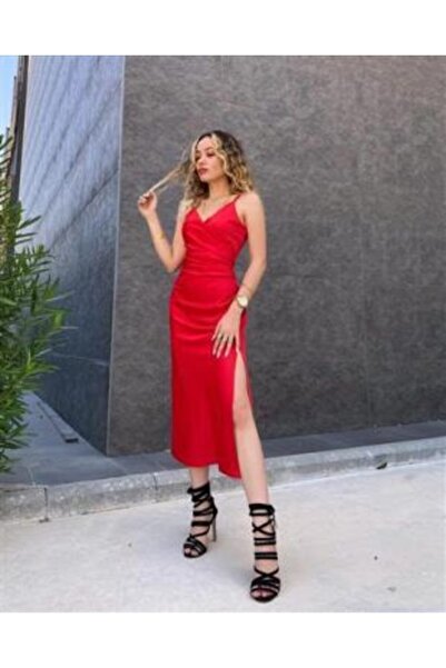 BSR BUTİK Kadın Kırmızı Kruvaze Yaka Drapeli Saten Elbise