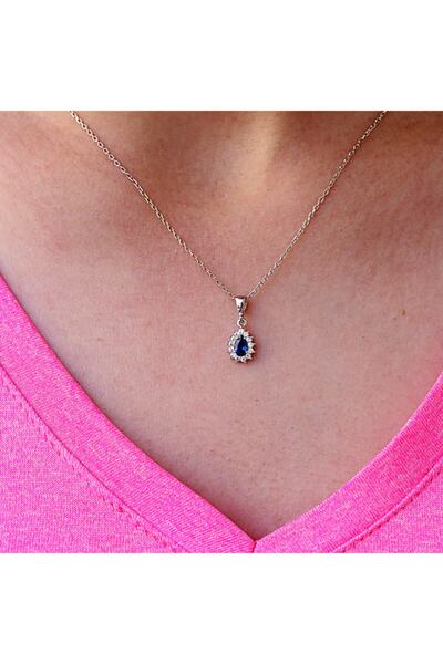 Takı Boom Lacivert Beyaz Taşlı Minimal Anturaj Damla Gümüş Kolye Küpe Takım, Rodyum Kaplama