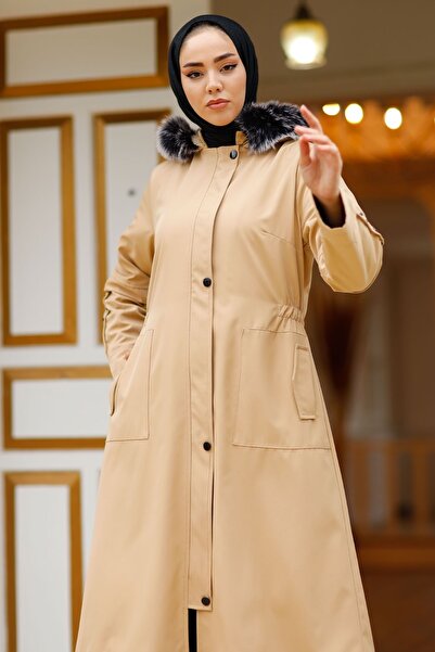 InStyle 9019 Fur Coat with Sequin Detail - Beige