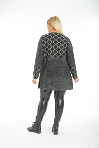 Mezura Women's Large Size Stylish Autumn / Winter Patterned Jacquard Cardigan Jacket