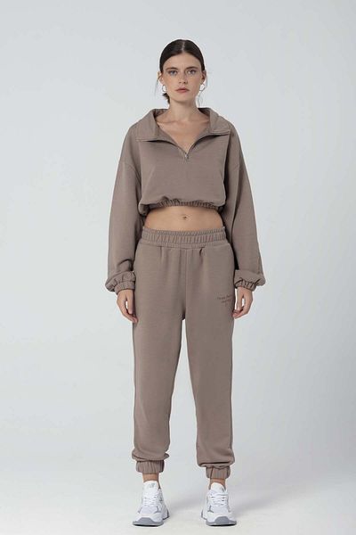 Wear Three Points Voila Stand Collar Crop Brown Sweatshirt