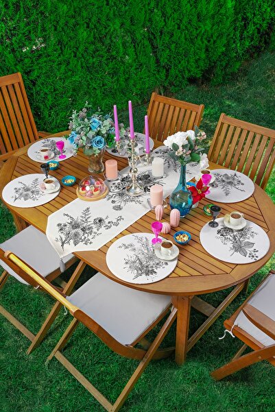 Realhomes 6+1'li Krem Zeminli Karakalem Çiçek Demeti Tasarımlı Supla Runner Seti