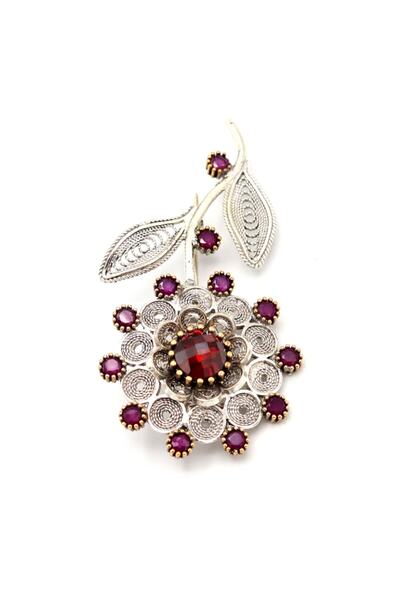 Midyat Nurtaş Gümüş Yakut Taşlı Çiçek Model Telkari Gümüş Broş