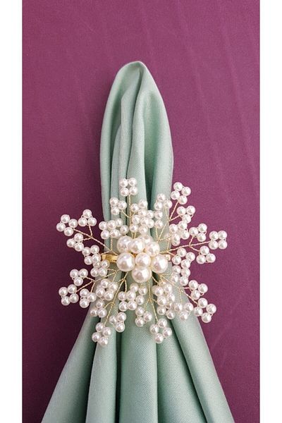 pekars Champagne Color Pearl Snowflake Napkin Ring 12 Pieces