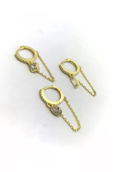 Erer Gümüş Gümüş Zincirli Taşlı 3 Tek Halka Küpe Kombini Dp89r6t