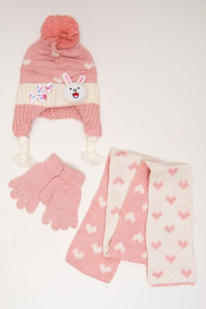 Mika Bebek & Çocuk Powder Pink Girl's Hat, Scarf, Glove Set for 1-4 Years Old...