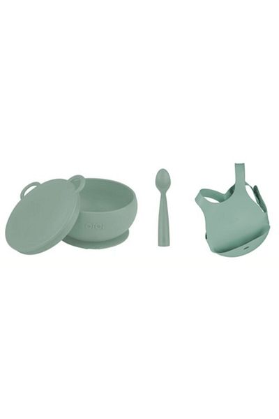 OiOi Set of 3 Bowl with Lid River Green, Nam Nam Spoon River Green, Baby Bib