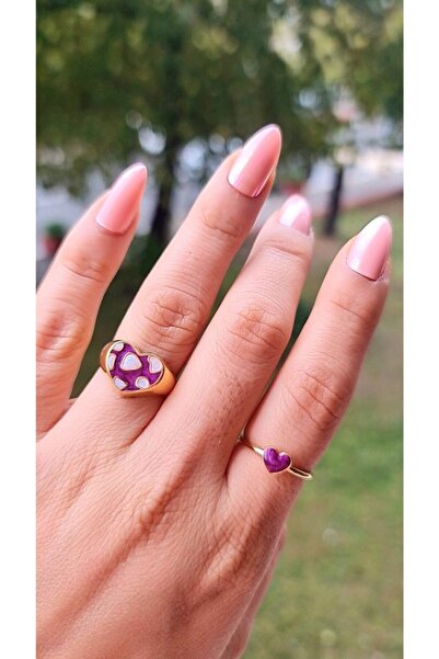 WONDER TOUCH 24k Altın Kaplama 2li Set Kalp Yüzük,1.leopar Desen Sedef Mor Ve...